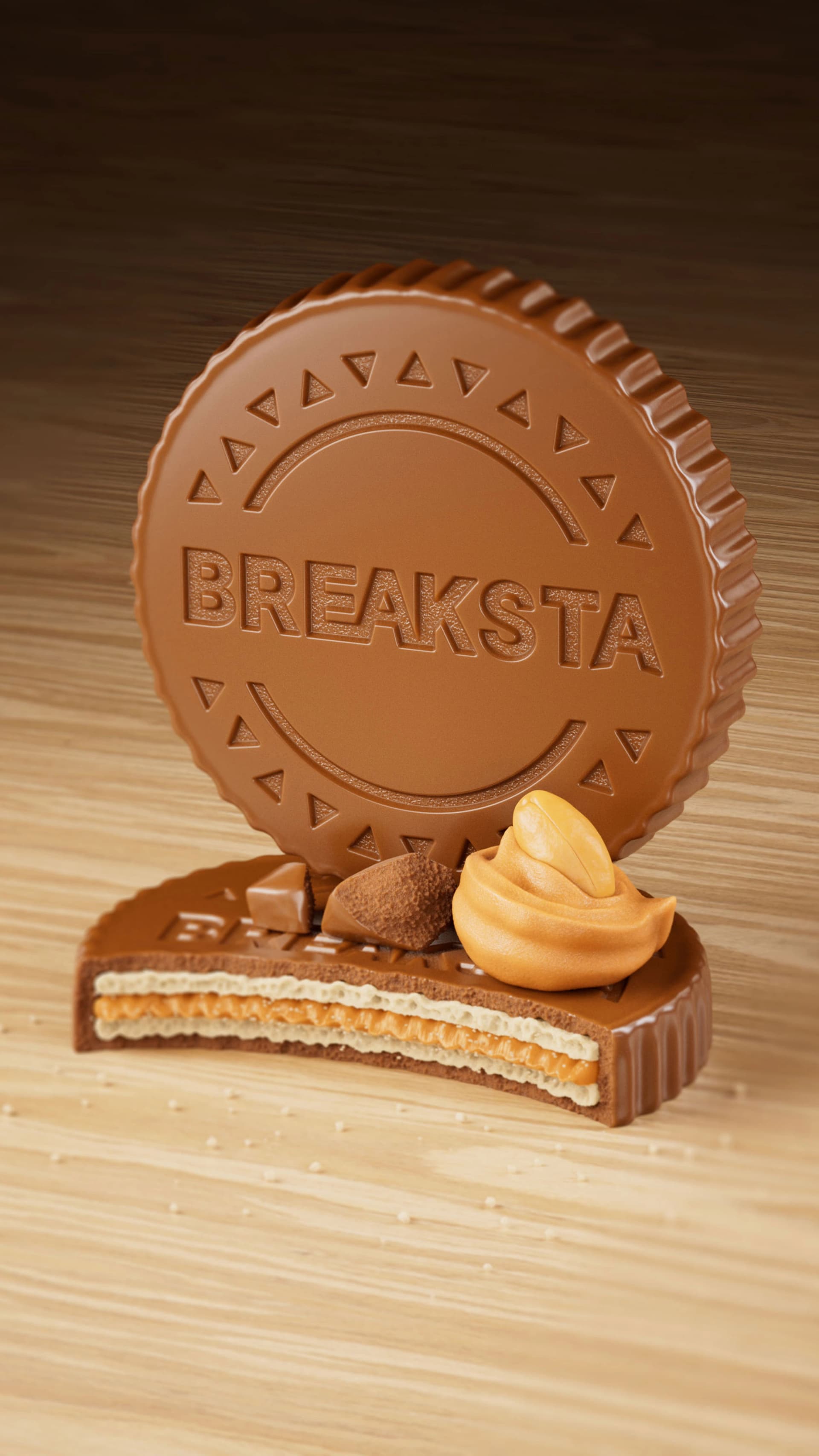 Breaksta chocolate sandwich biscuit 3D product visualization and digital food styling by Bader CGI badercgi